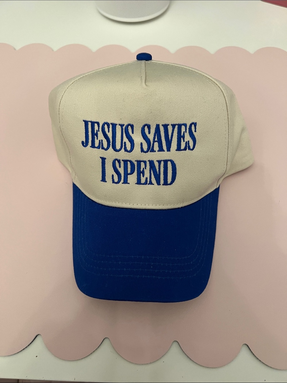 NWT womens Beige and Blue 'Jesus Saves I Spend' Baseball Cap